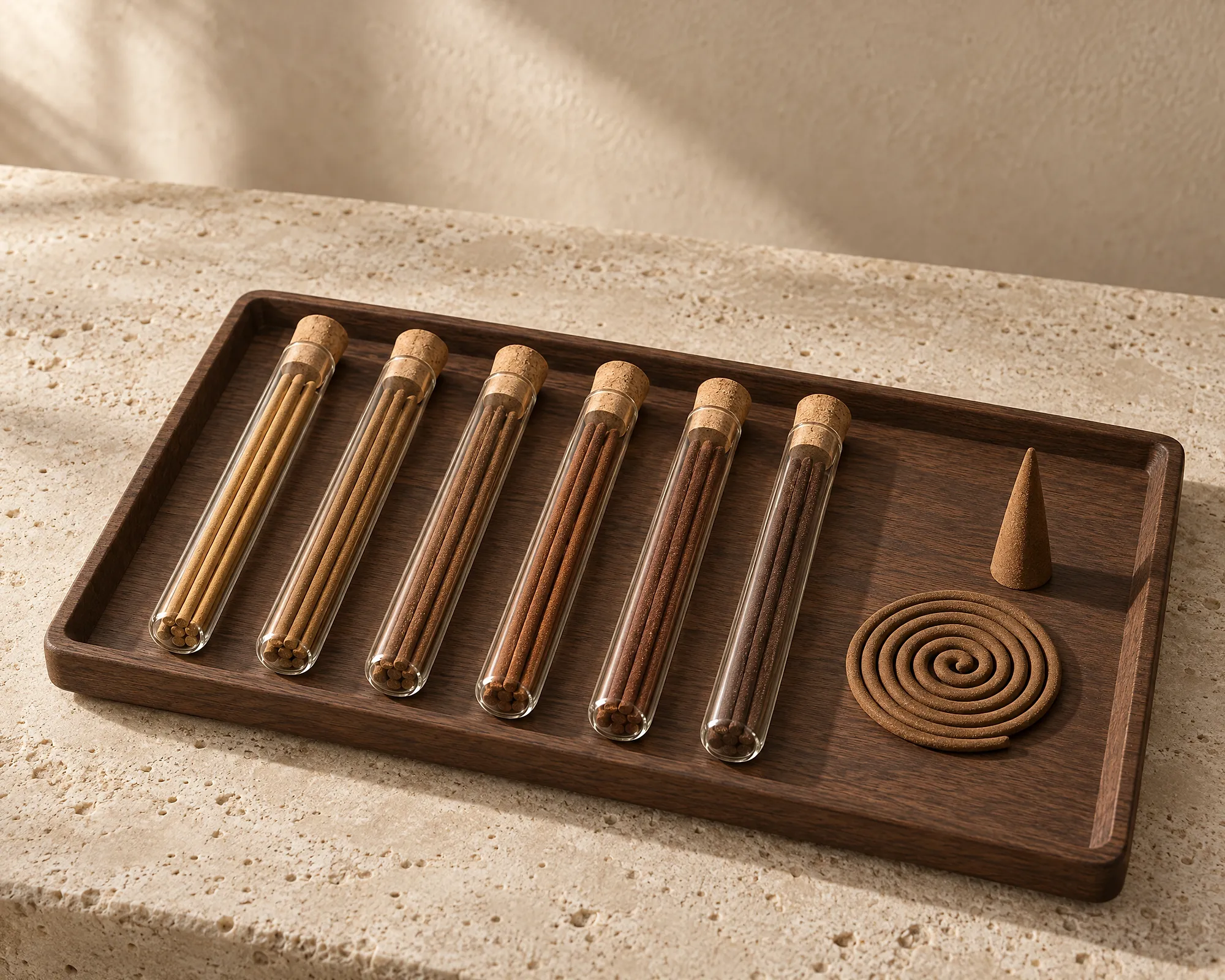 A walnut tray of corked sample tubes holding incense sticks, with a coil and a cone