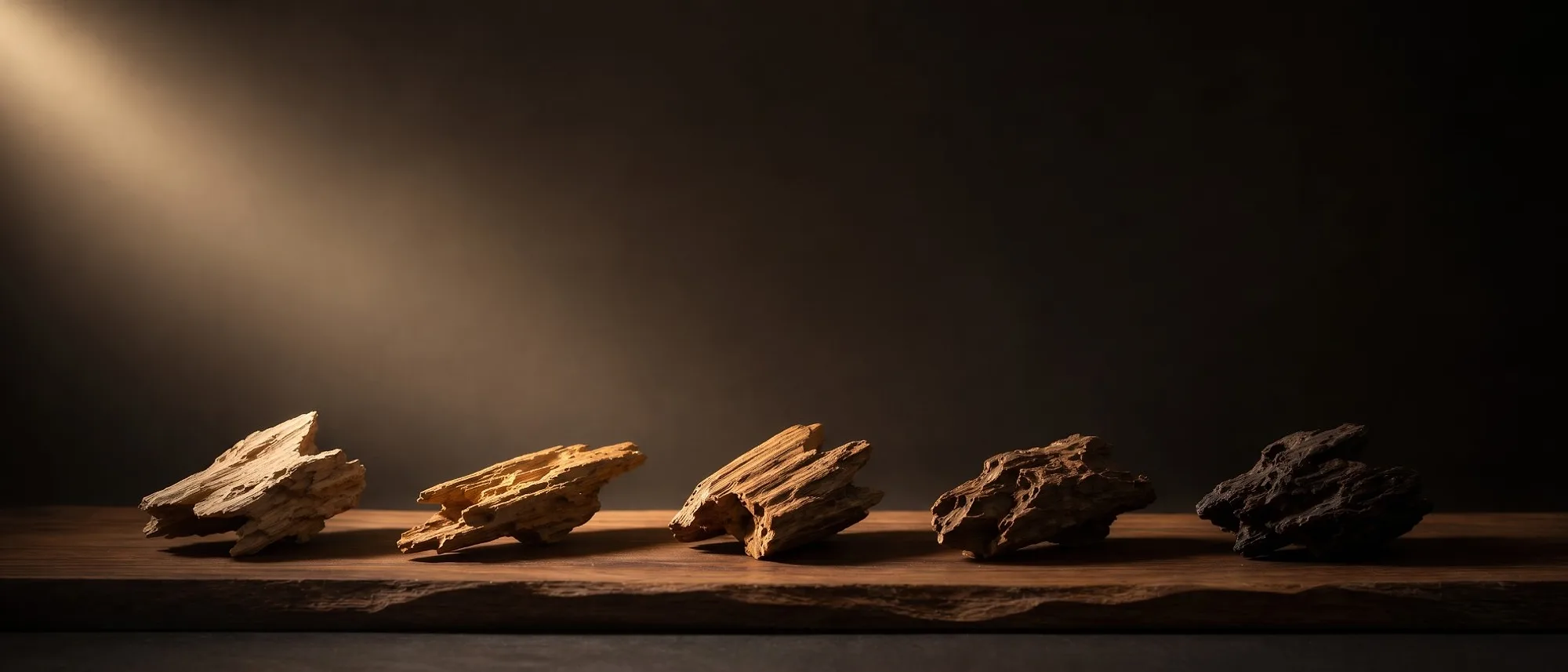 A row of raw agarwood pieces, from pale to deep dark resin, on a walnut plank in low light