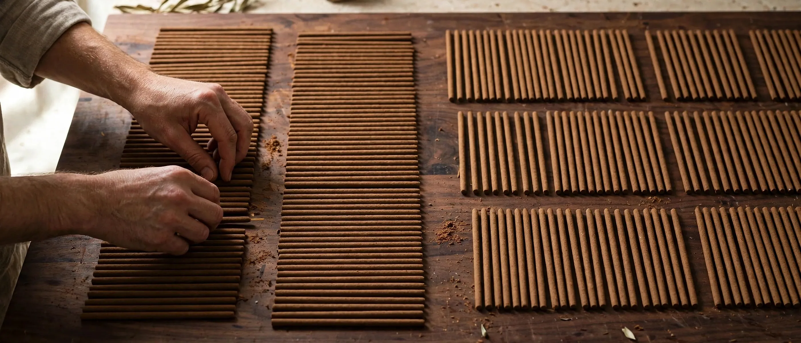 Hands arranging rows of incense sticks on a walnut workbench