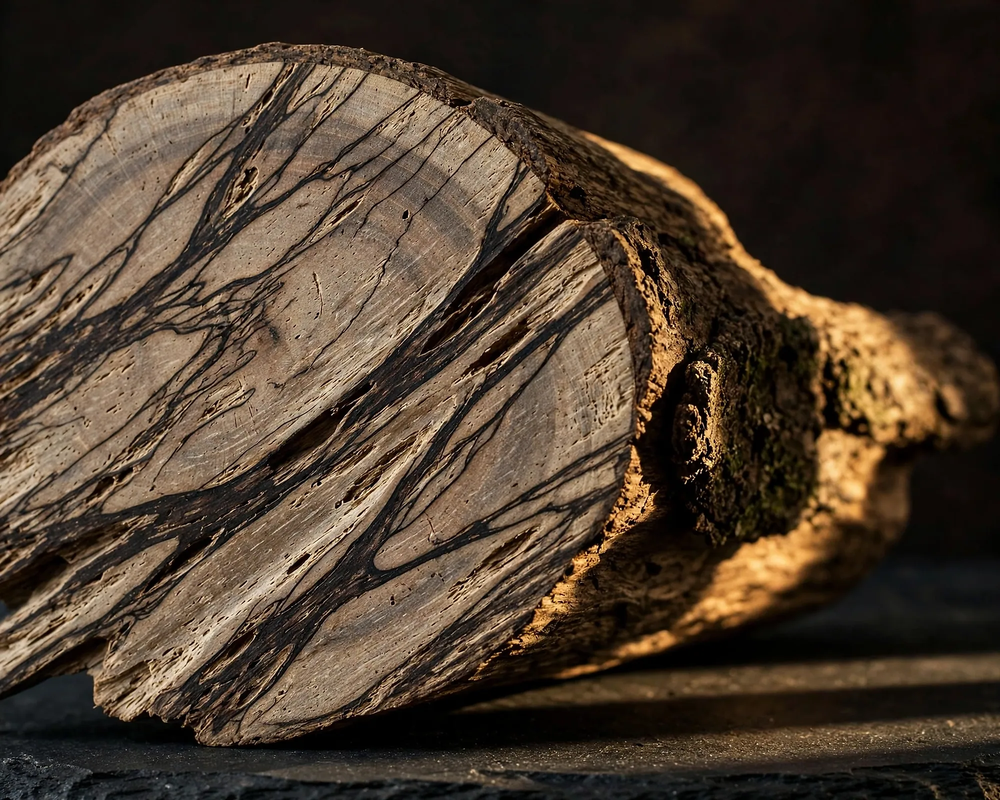 Cut face of a piece of agarwood showing dark resin veins through pale wood