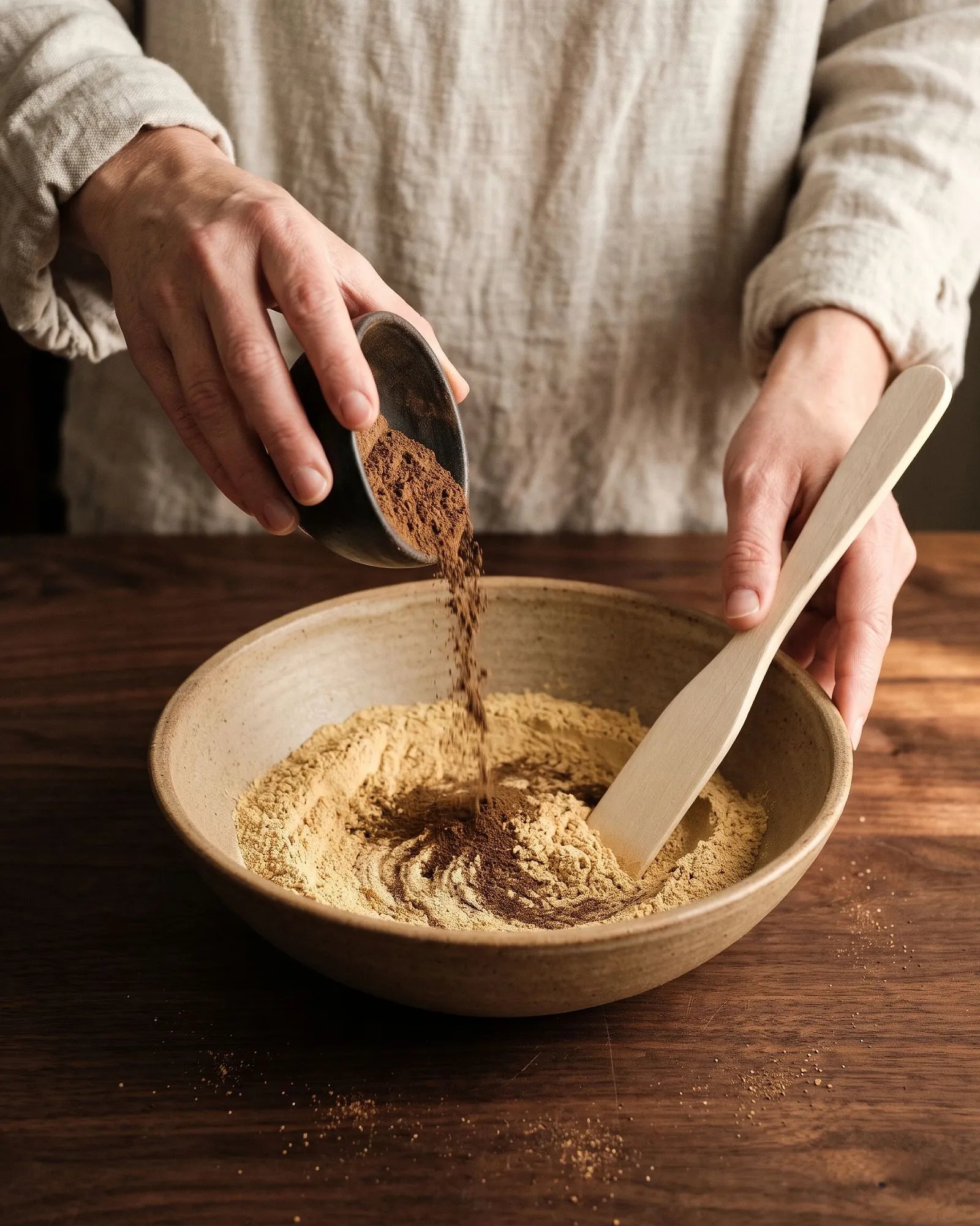 A hand pouring dark incense powder onto pale powder in a stoneware bowl, a wooden spatula ready to fold them together