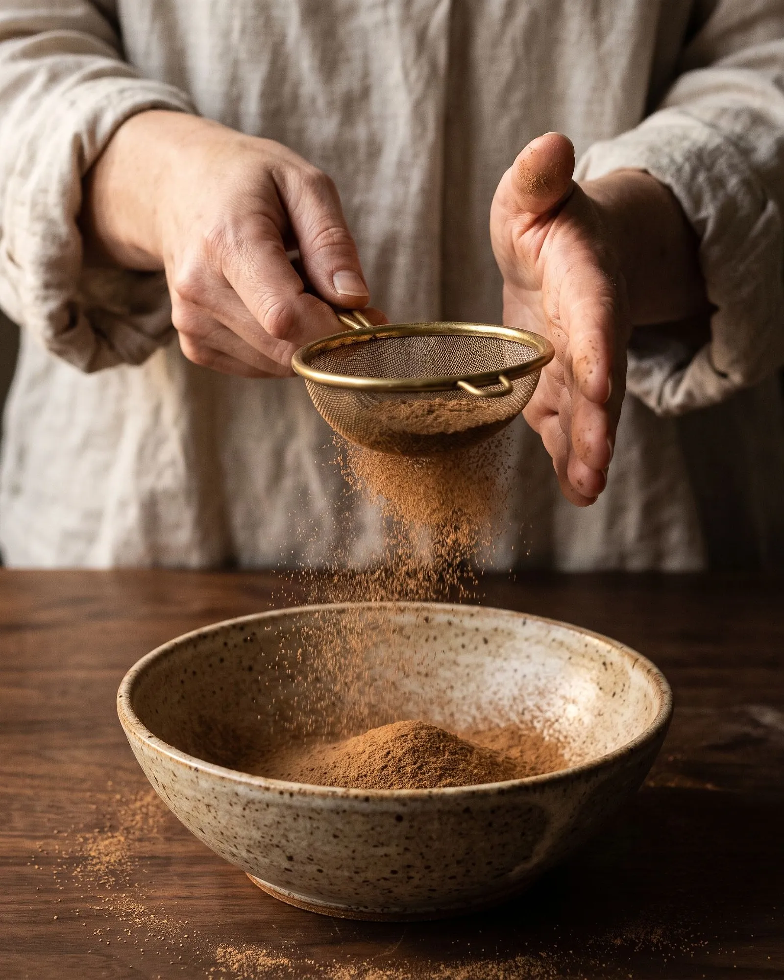 Hands tapping a brass-rimmed sieve as fine agarwood powder falls into a stoneware bowl