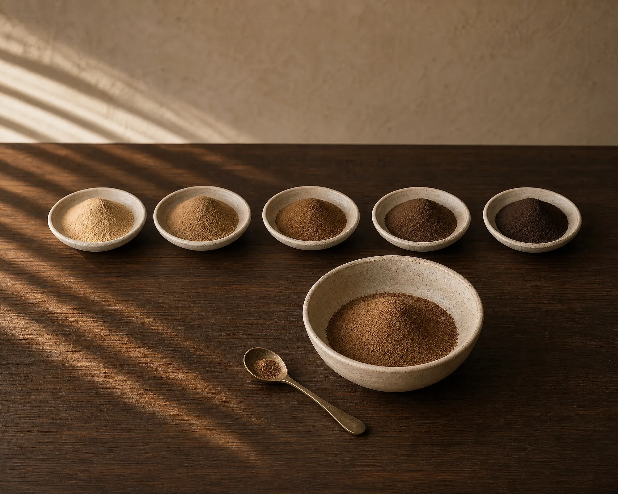 Five dishes of incense powder from pale to dark, with a blended bowl and a brass spoon