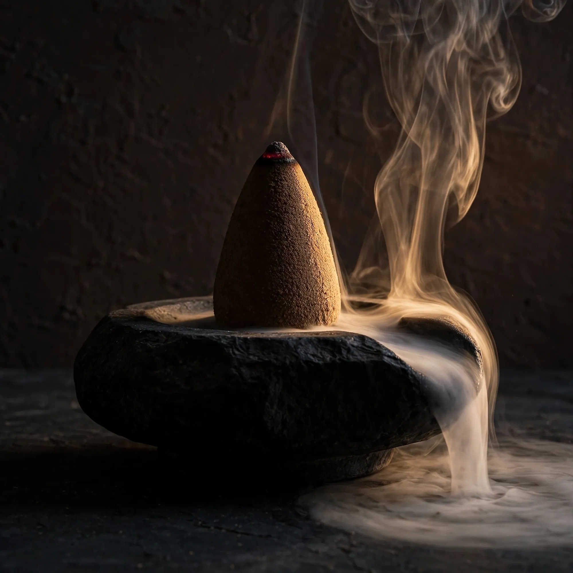 A backflow cone on a dark stone burner, smoke flowing down over the edge