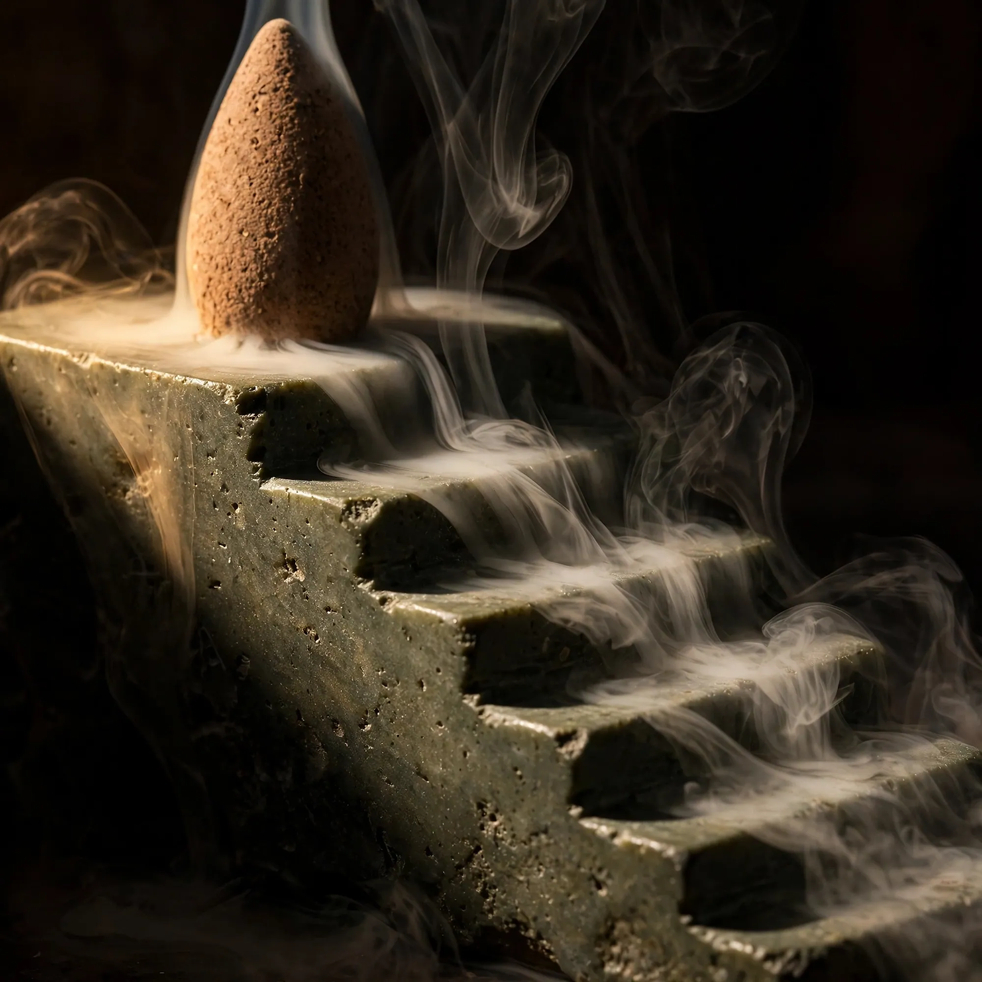Smoke cascading down the carved steps of a stone backflow burner