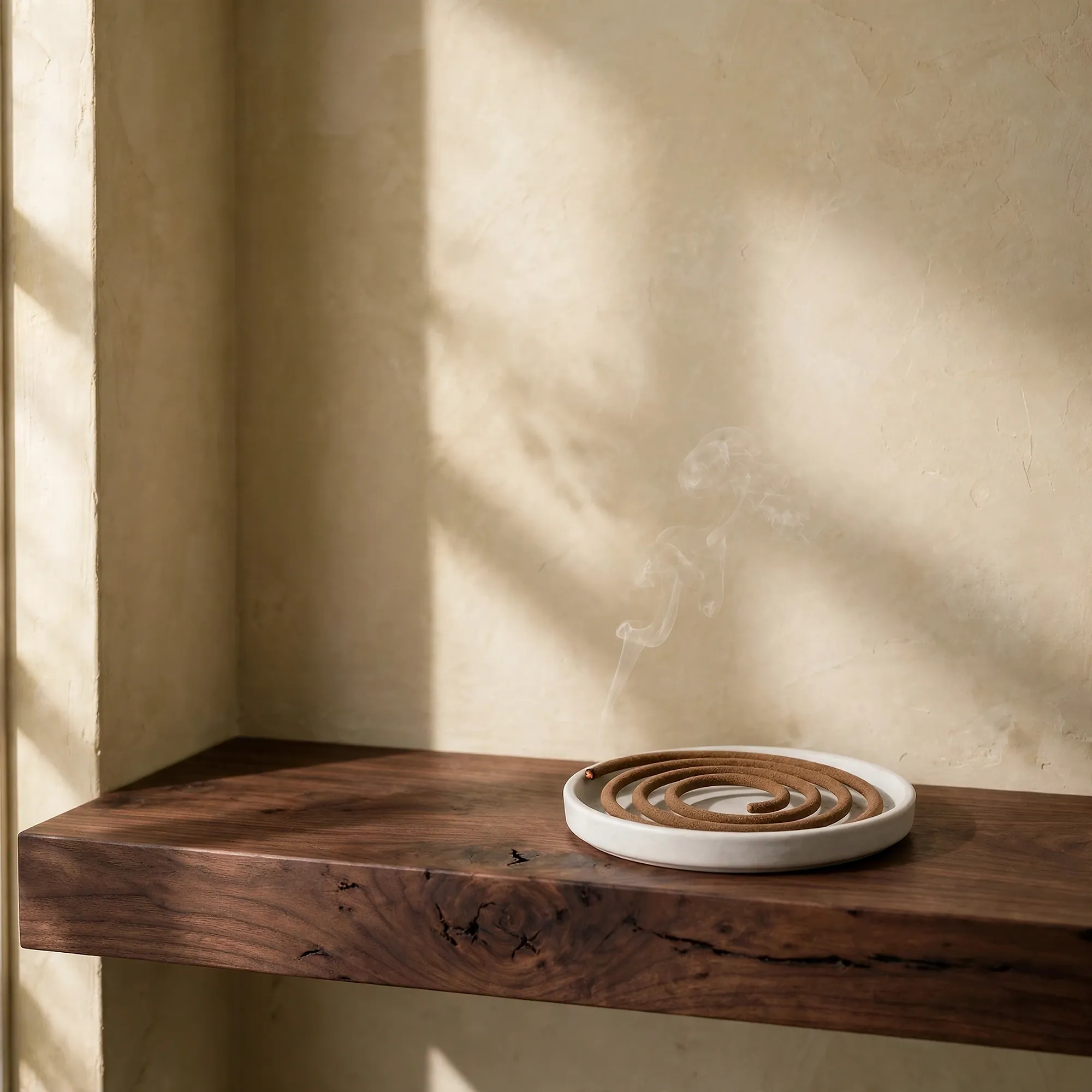 An incense coil burning in a white ceramic dish on a walnut shelf