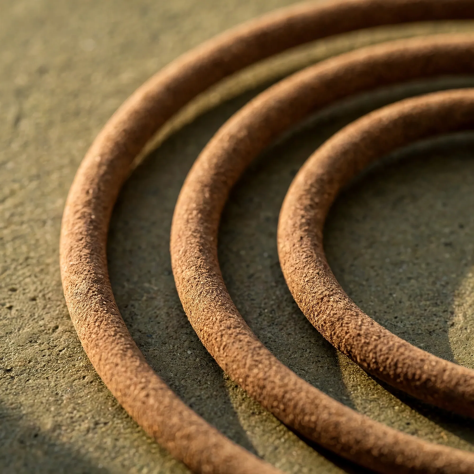 Close-up of the matte, powdery curves of an incense coil