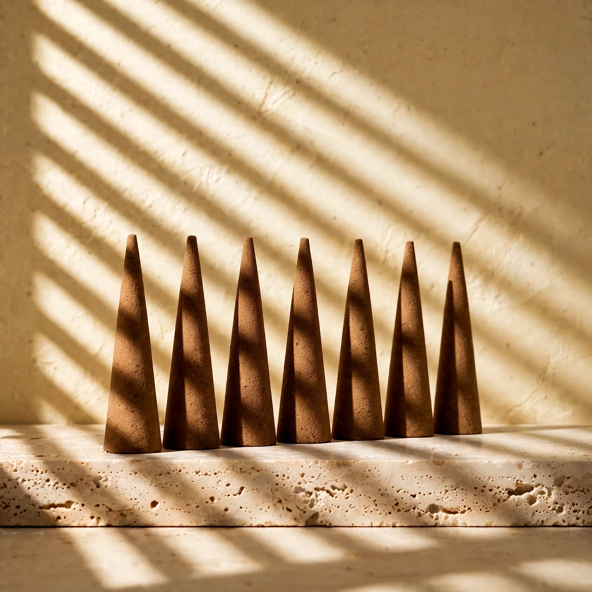 A row of identical incense cones in bands of slatted light