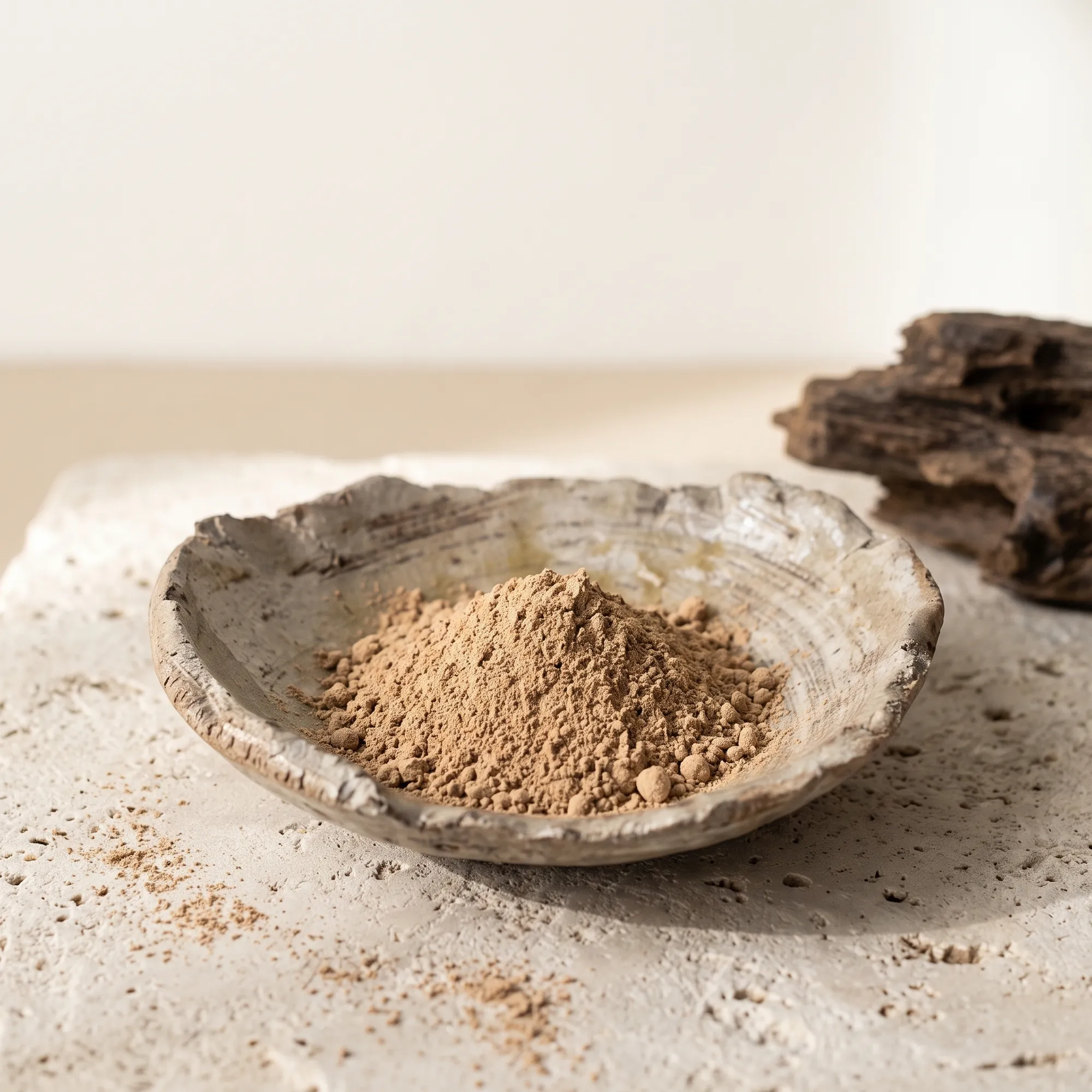 Incense powder in a stone bowl beside raw agarwood