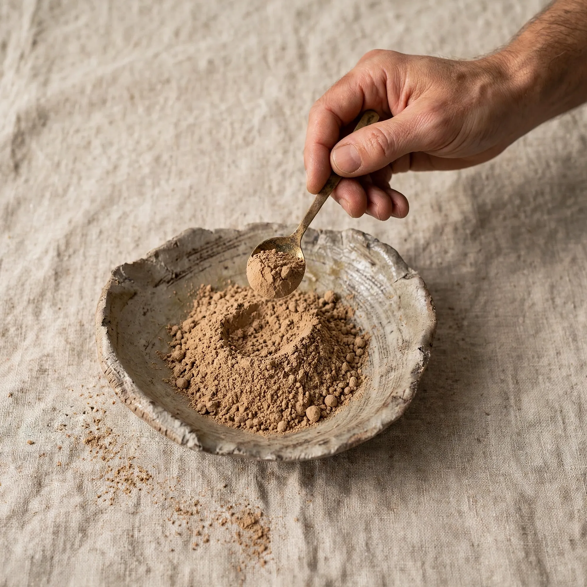 A hand scooping incense powder with a small brass spoon