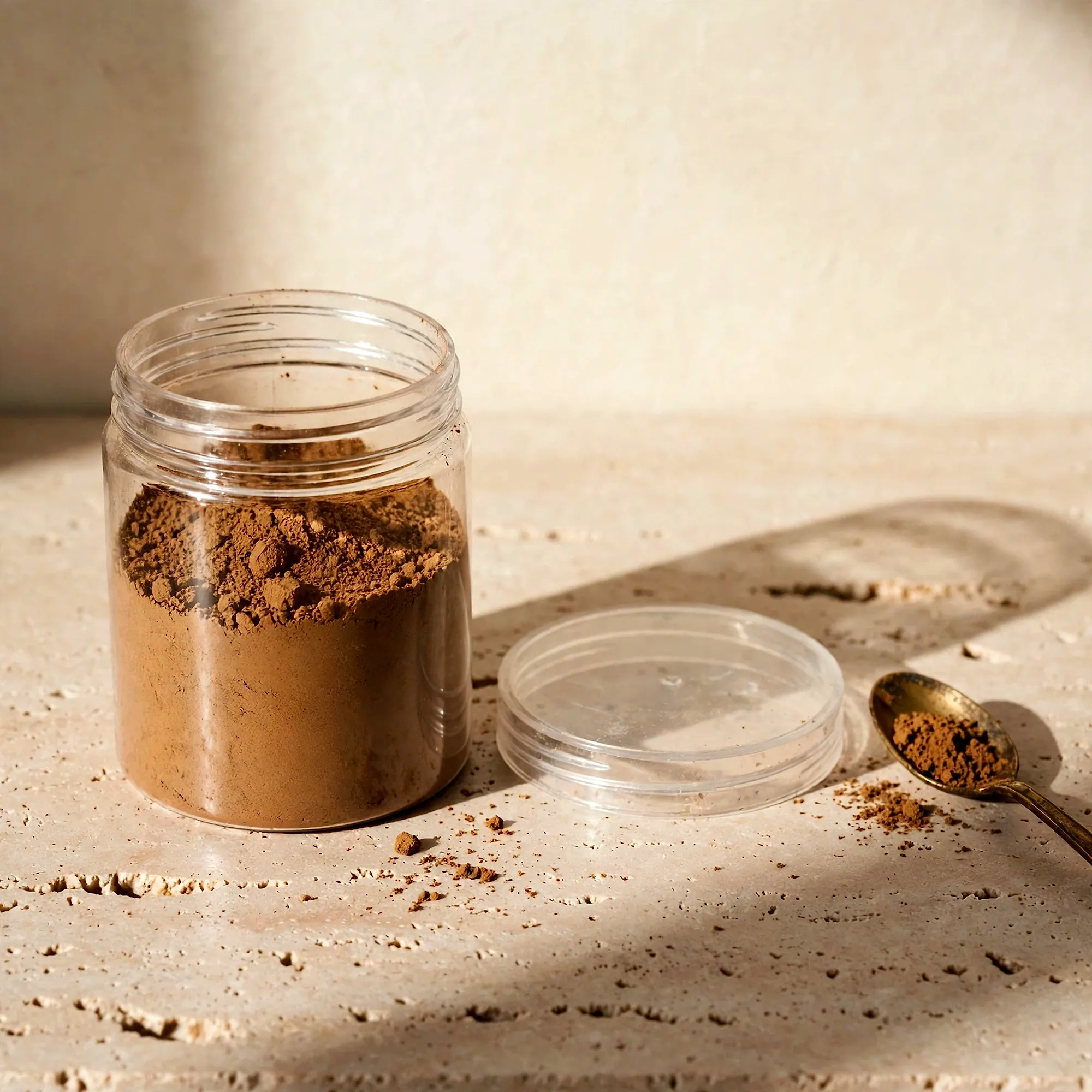 A clear jar of incense powder with its lid and a brass spoon beside it