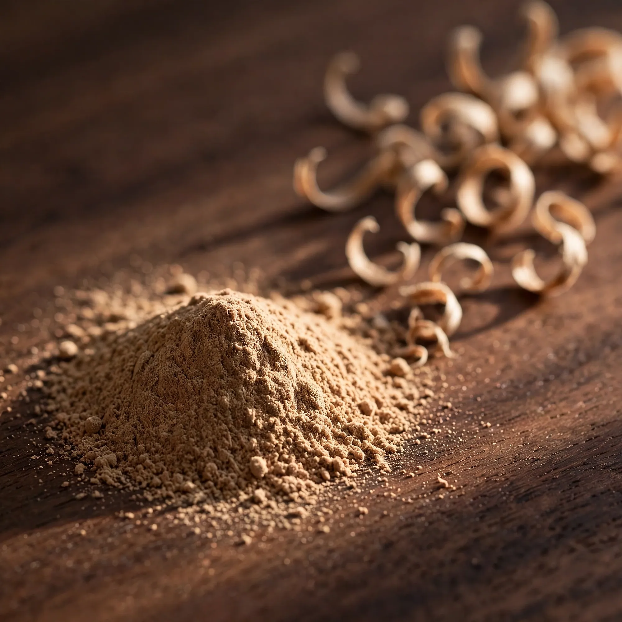 Close-up of fine agarwood powder beside curled wood shavings