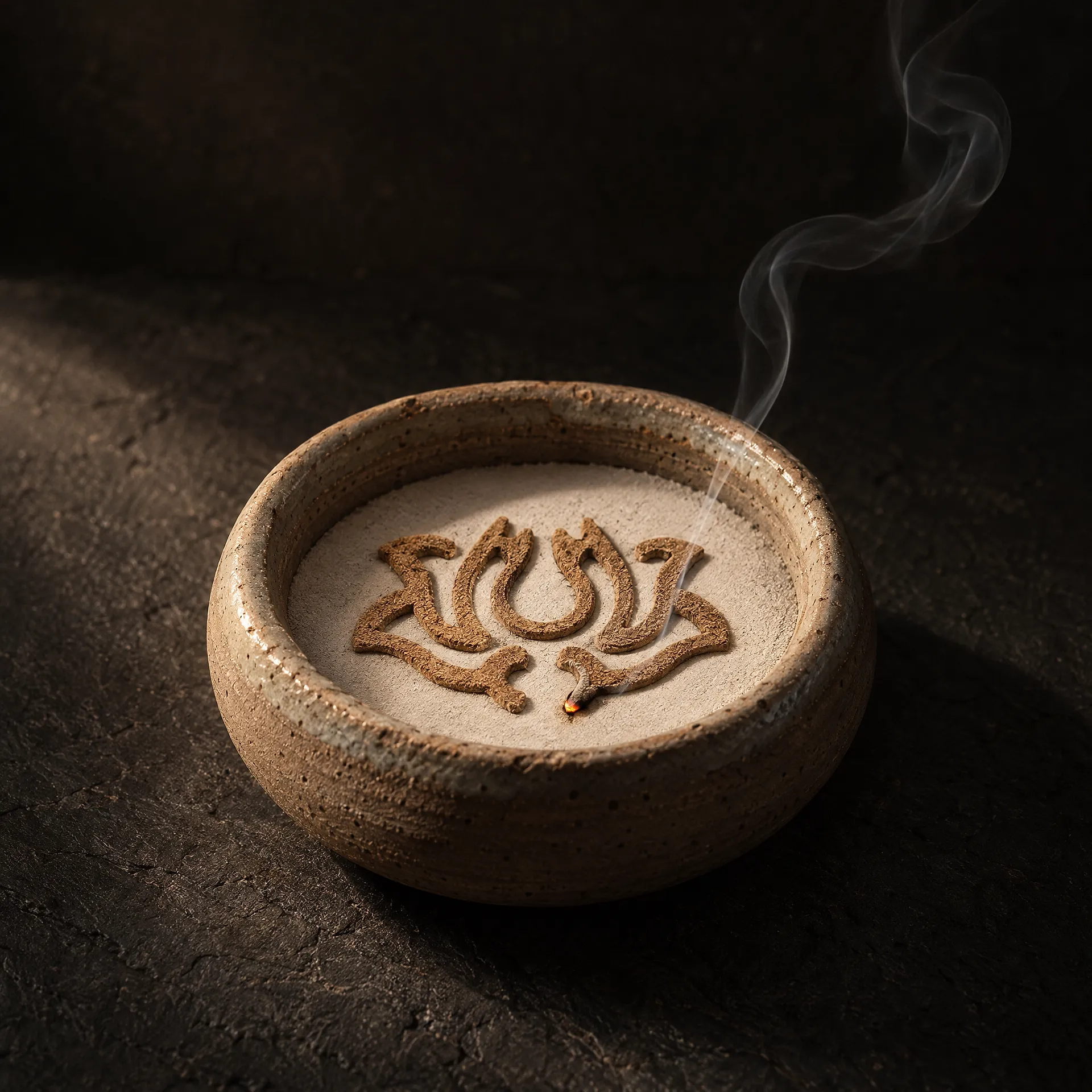 A single ember travelling along a lotus of incense powder in a stoneware burner, smoke rising in the dark