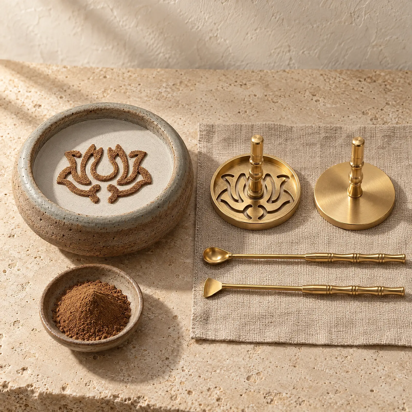 A stoneware burner with a lotus of incense powder on levelled ash, beside a brass mould, ash press, spoon and spatula on linen