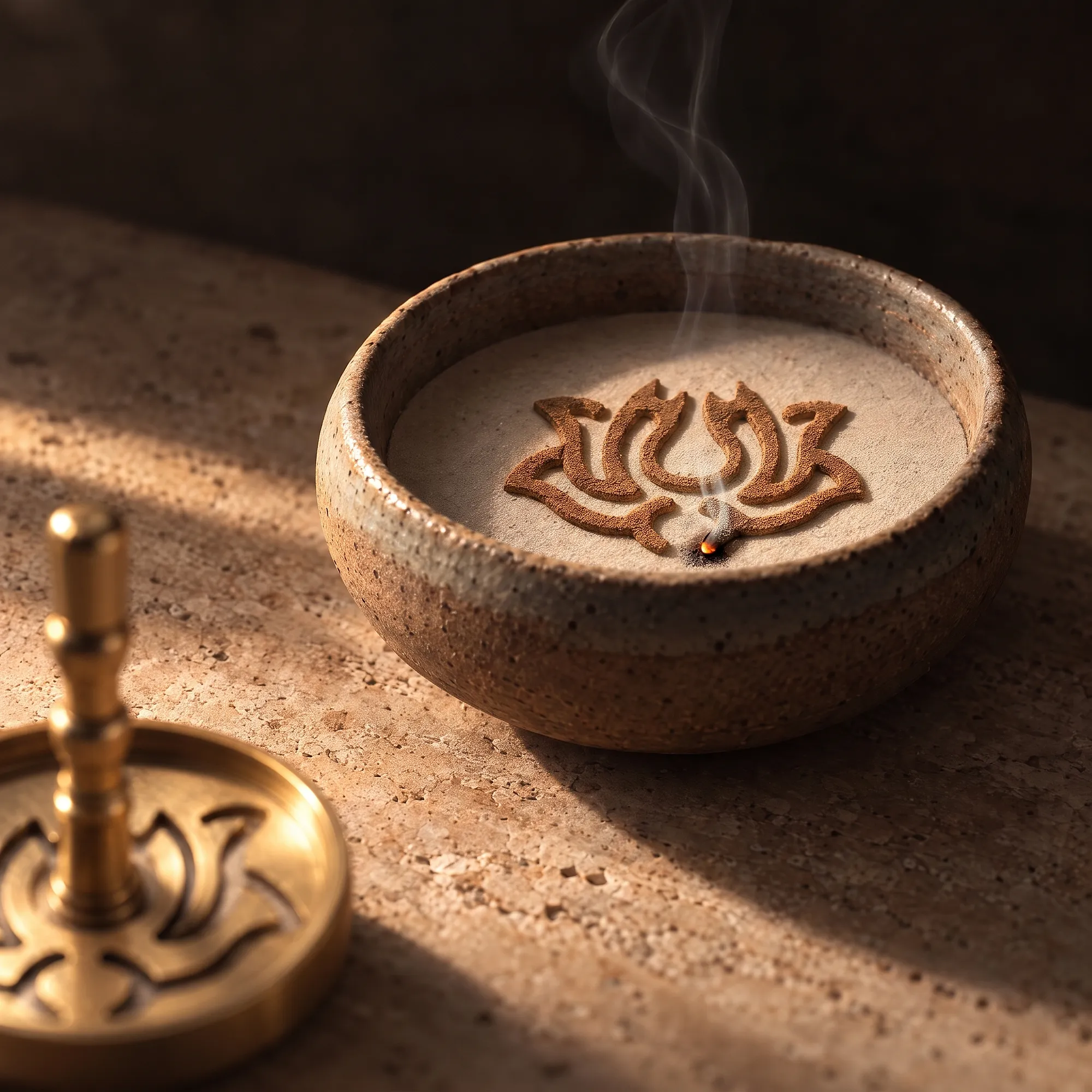 A lotus pattern of incense powder smouldering on levelled ash in a stoneware burner, low warm light