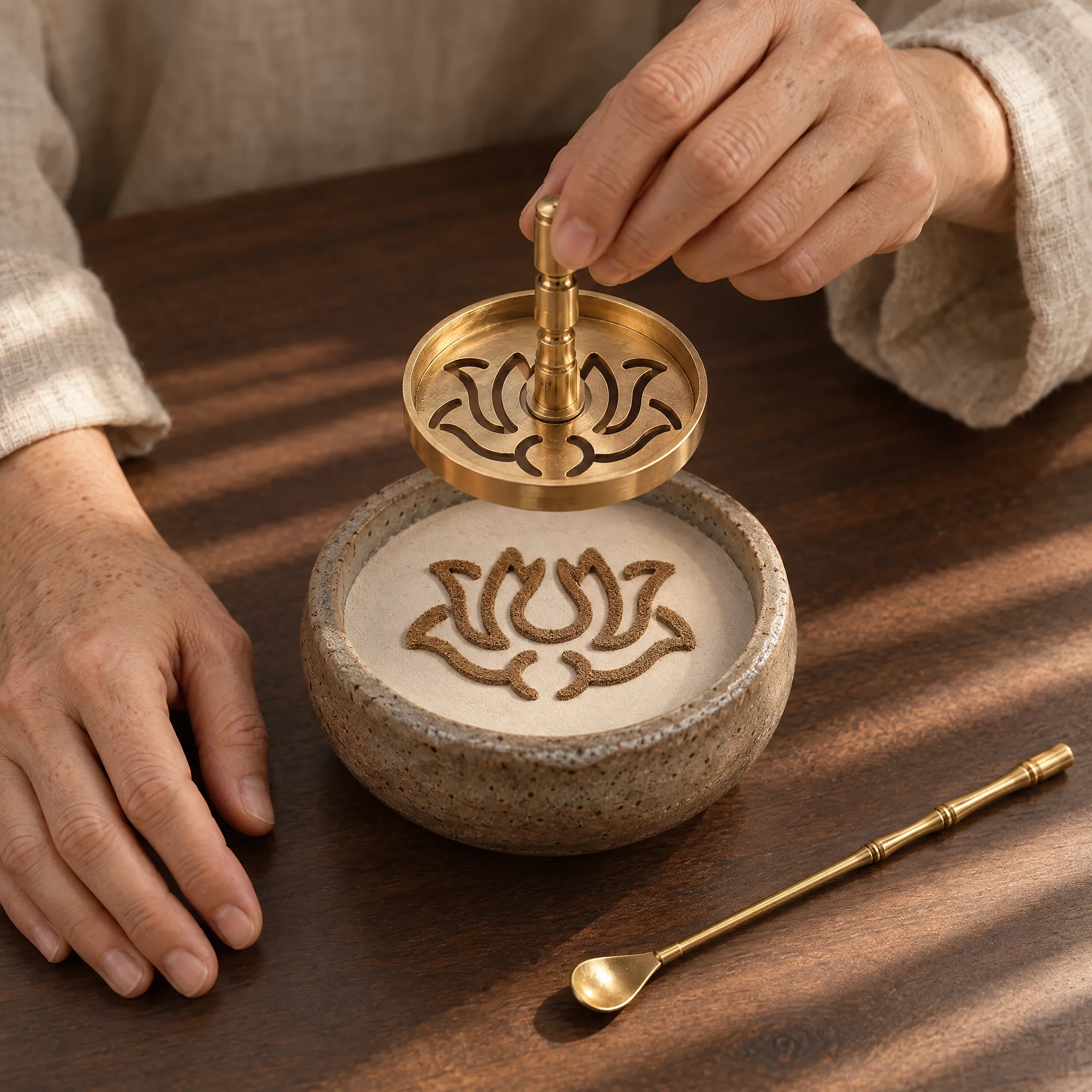 Hands lifting a brass lotus mould from a stoneware burner, leaving a lotus of incense powder on the ash