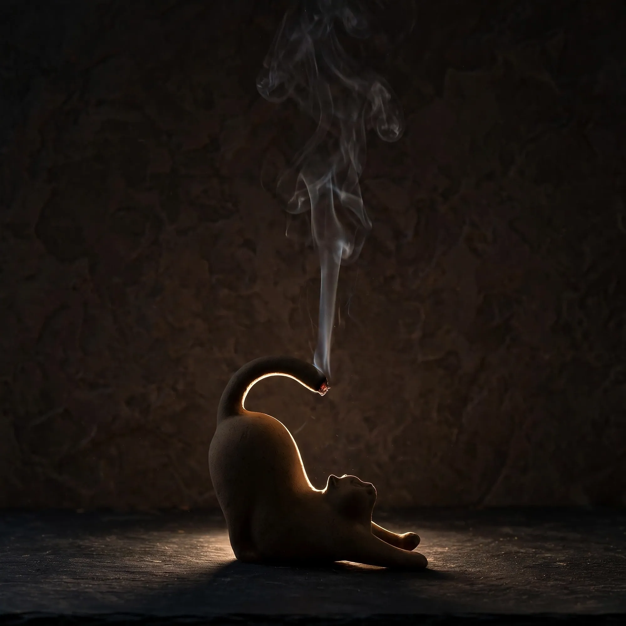 Silhouette of a cat-shaped incense figure in low light, a wisp of smoke from its tail