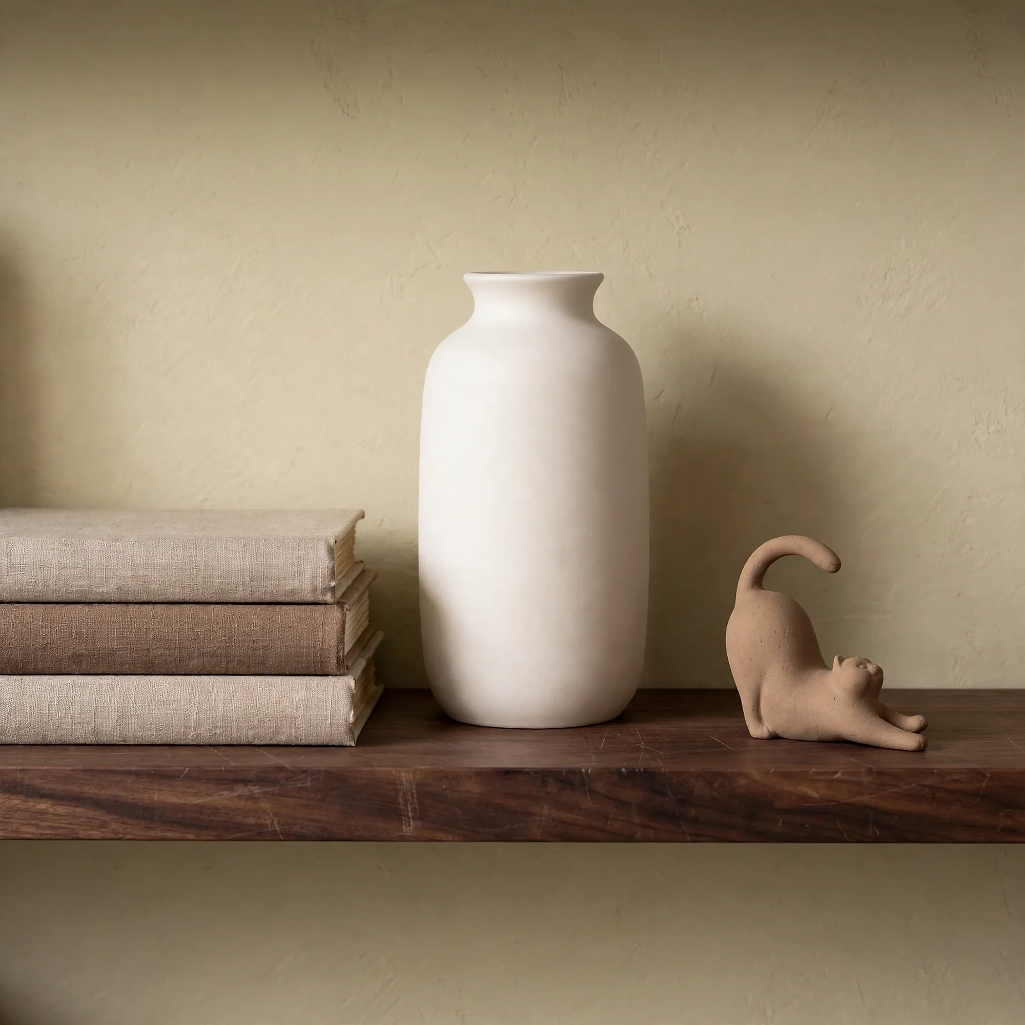 A cat-shaped incense figure on a bookshelf beside books and a vase