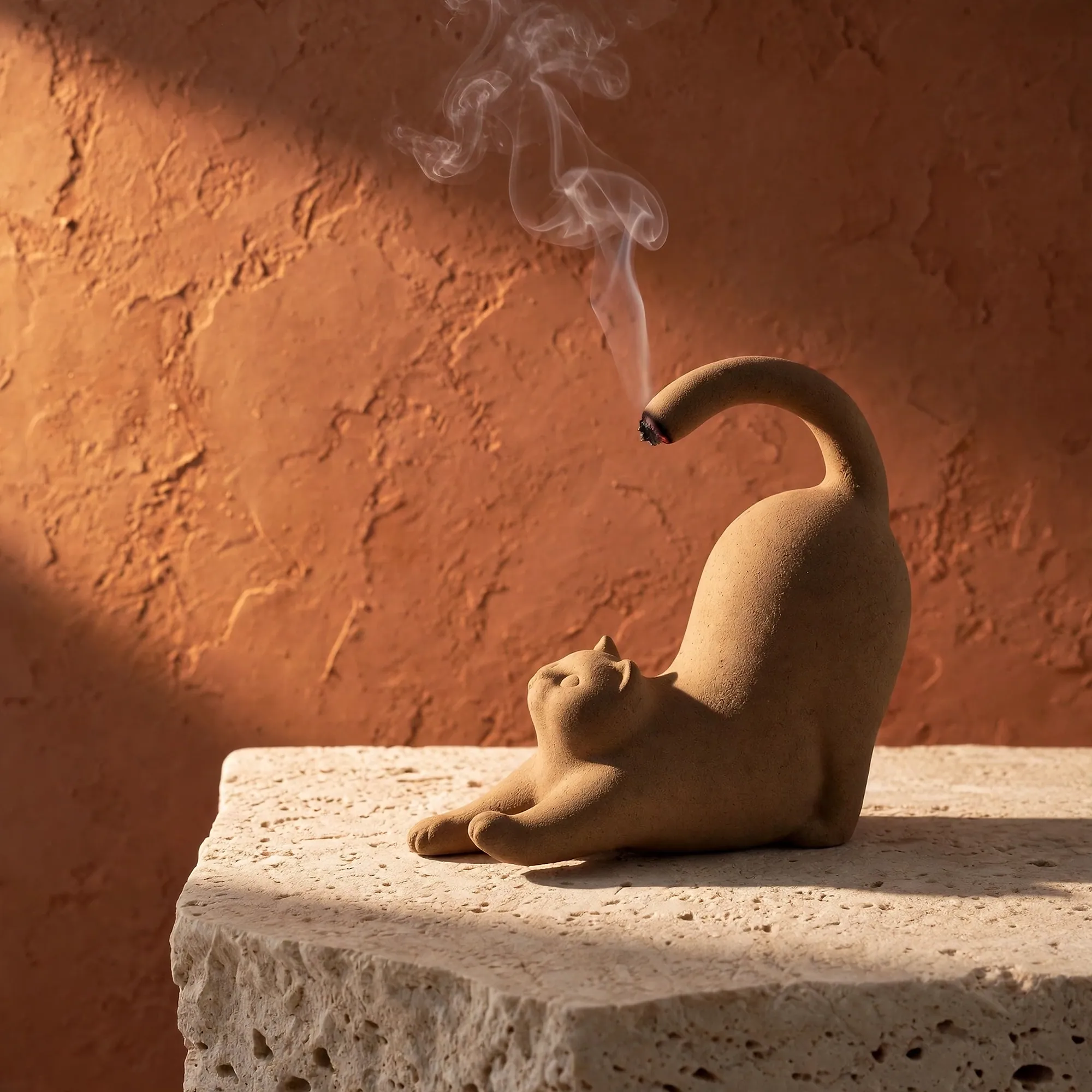 A cat-shaped incense figure on travertine, smoke rising from its tail