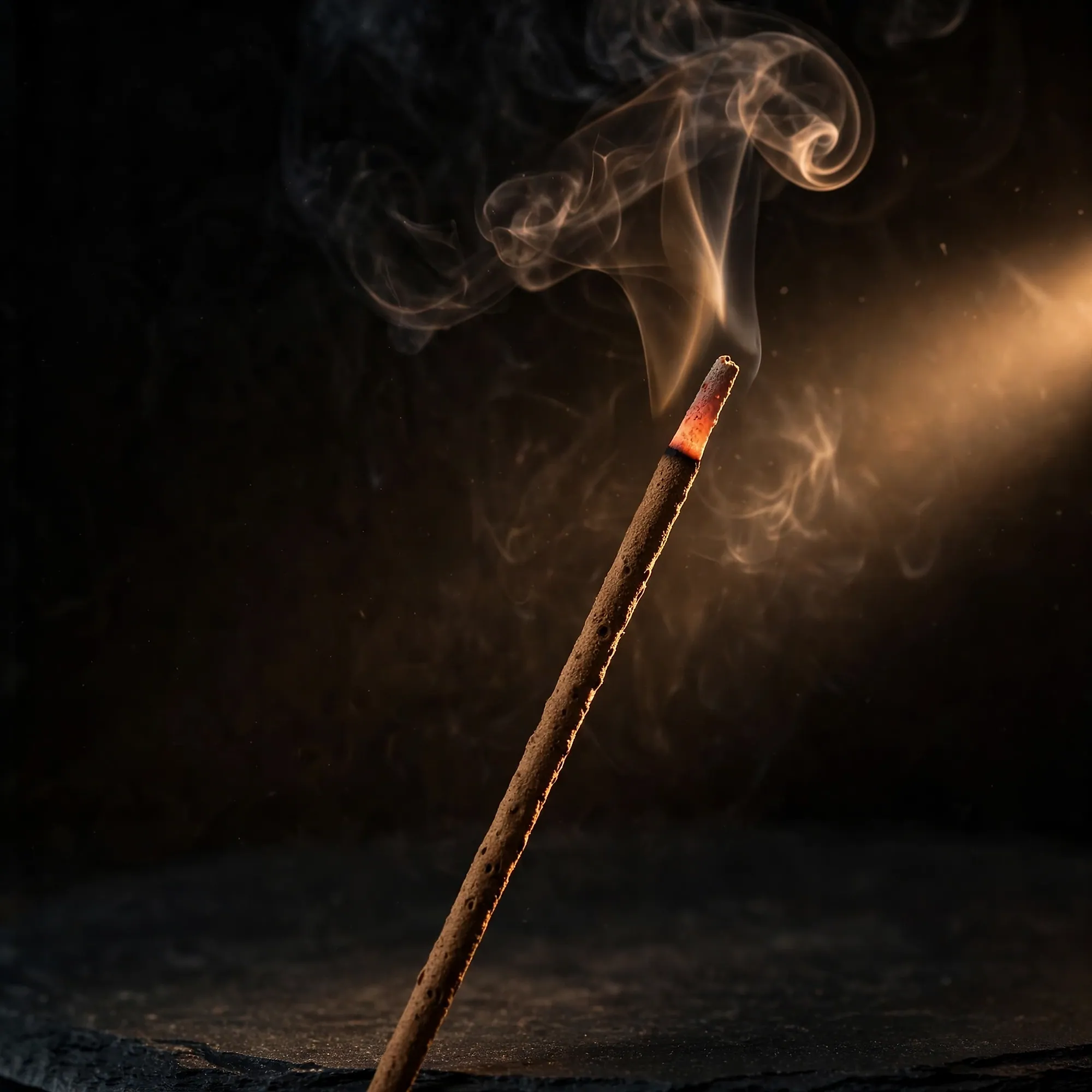 The glowing tip of a single incense stick, smoke curling through a beam of light