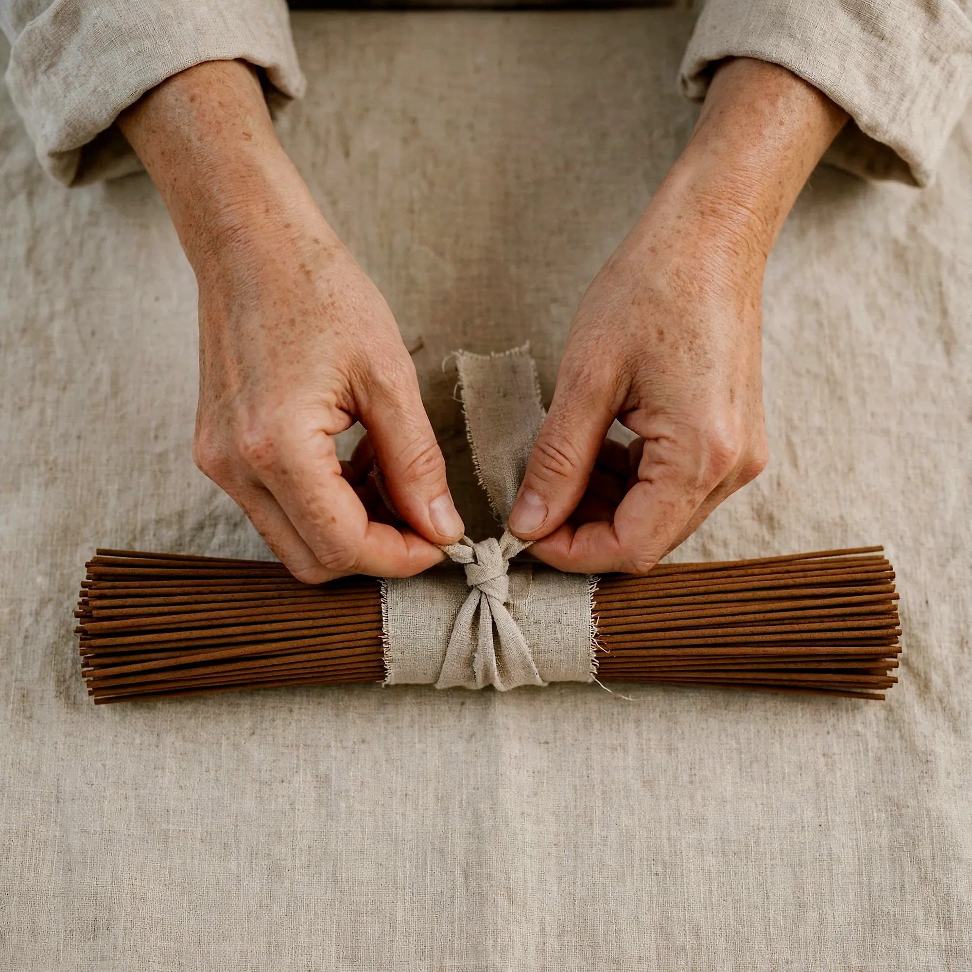 Hands tying a bundle of incense sticks with a strip of linen