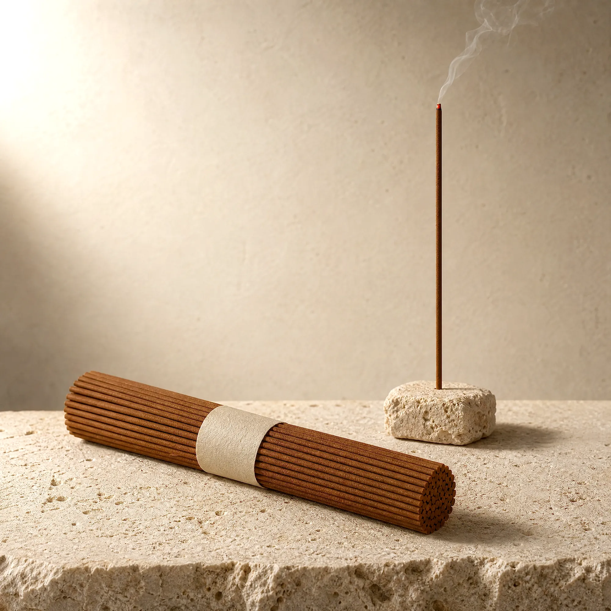 A bundle of incense sticks on travertine beside one stick burning in a low stone holder